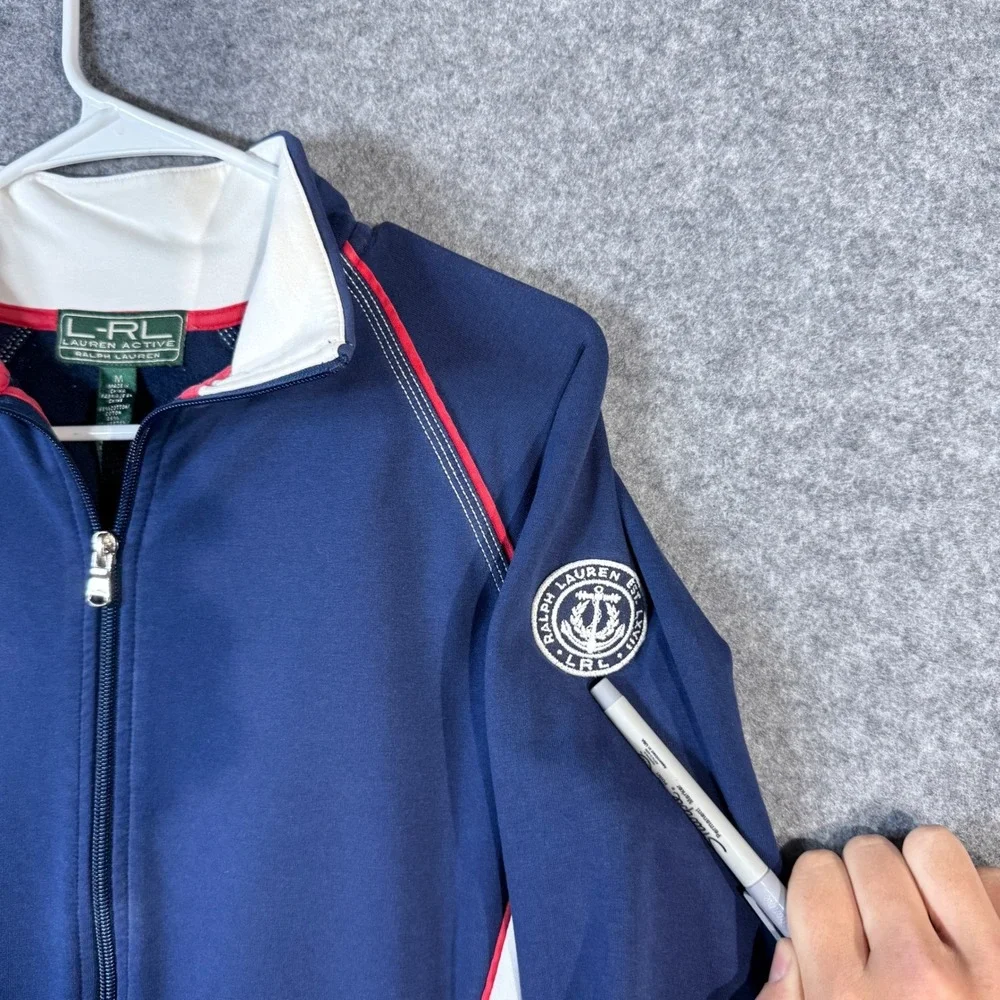 LRL Lauren Active Jacket‎ Full Zip Up Navy Blue White Red Trim Pullover